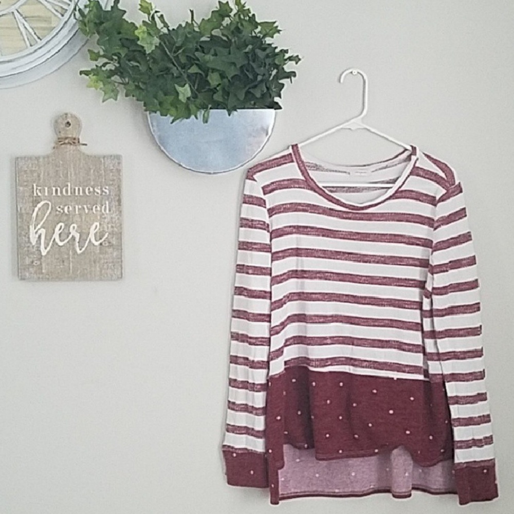 Cranberry & White Mixed Pattern Long Sleeve